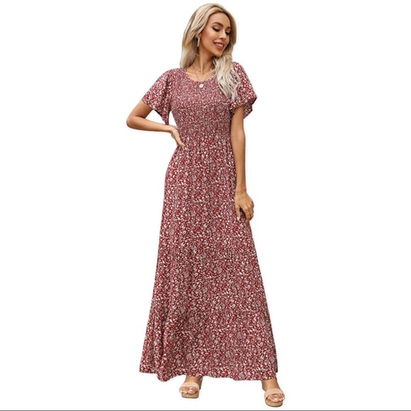 Kranda Round Neck Short Flutter Sleeve Smocked Floral Maxi Dress XXL - Picture 3 of 11
